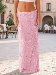 Women Summer Skirt Casual Elegant Sequin Floral Embroidery Long Skirt For Beach Vacation Club Streetwear - 粉色 - 查看 4