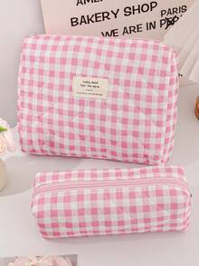 Túi đựng mỹ phẩm họa tiết kẻ ô màu hồng, túi đựng đồ đa năng, bộ túi đựng mỹ phẩm dung tích lớn, túi đựng mỹ phẩm in họa tiết caro dễ thương, túi đựng cọ trang điểm, giỏ đựng đồ dùng văn phòng bằng vải mềm, xô đựng dụng cụ làm đẹp, túi đựng đồ chăm sóc da, túi đựng đồ vệ sinh cá nhân du lịch di động, túi đựng đồ dùng vệ sinh họa tiết kẻ sọc. - Hồng - Xem 21