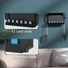 Soporte de pared con 12 ranuras para almacenar tarjetas de juego para 2, con 2 métodos de instalación con fijación de tornillos, diseño de doble gancho para colgar en la pared y ahorrar espacio en el escritorio, fácil conexión al TV, práctico para reemplazar tarjetas de juego
