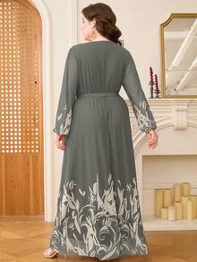 DEARCASE Plus Size Elegant Floral Print Balloon Sleeve A-Line Dress