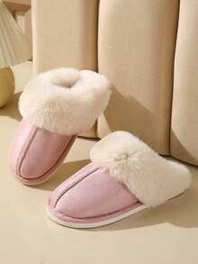 新款加厚保暖抓绒家居拖鞋男女时尚舒适防滑室内一脚蹬拖鞋 - 粉色 - 查看 4