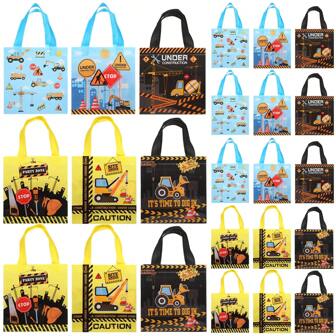 12pcs Laminated Non-Woven Fabric Bags, Party Favor Bags, Wedding Birthday Holiday Gift Bags, Reusable Tote Bags, Shopping Bags, Construction Vehicle Prints Multi-Color Mixed 3D Gift Bags, Waterproof Take-Out Bags, Building Block Prints Packaging Bags, Non-Woven Fabric Bags