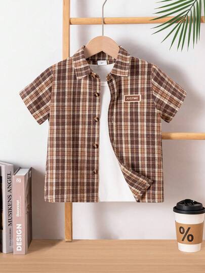 Young Boys Street Casual Coffee Brown Plaid Short Sleeve Shirt, Suitable For Daily Gatherings, Outings, Travel And Holiday Activities