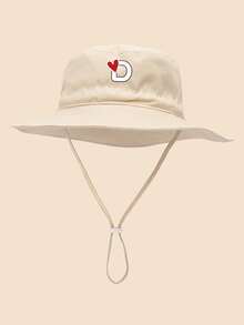 1 pieza Sombrero de sol para niños con patrón de corazón y letra, con cordón ajustable a prueba de viento, estilo casual tipo cubo para uso diario al aire libre, playa, protección solar - Beis - Ver 12