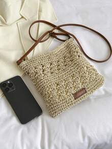 迷你纯色钩针包，小号编织斜挎包，可调节肩带，时尚迷你镂空花卉图案手机袋，女士礼物