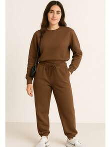 Women's Winter Sweatshirt Set Fashion Blogger Simple Casual Drawstring Pocket Home - 鏽棕色 - 查看 2