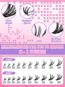 Lash Kit 720Pcs Lash Clusters Kit D Curl Cluster Eyelash Extensions Kit 30D+40D Individual Lashes Kit With Lash Bond And Seal Lash Tweezers DIY At Home By QUAFFLY (9-18mm) - 黑色 - 查看 3