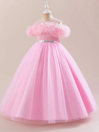 Girls Princess Long Dress Sweet Pink High-End Holiday Party Piano Recital Lace Patchwork Sequin Decor Lovely Tulle Cake Skirt Sleeveless Vest Tulle Net Dress For Dance Birthday Party Performance Maxi Gown