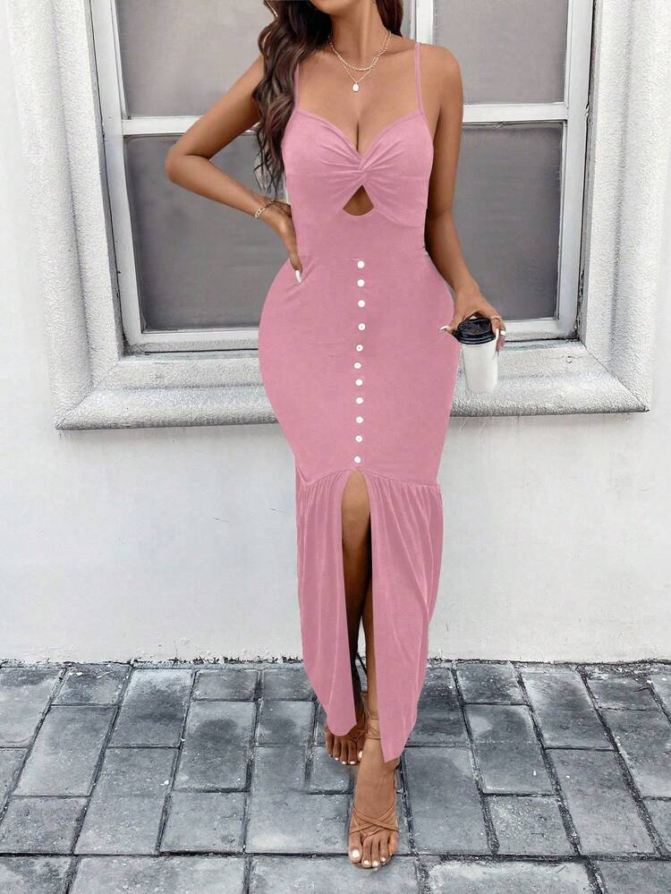 Women's Summer Casual Solid Color Twist Hollow Split Spaghetti Strap Dress - Dusty Pink - View 3