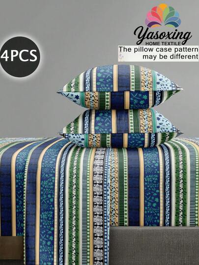 4pcs/Set Green Boho Geometric Stripes Flower Pattern Sheet Set Easy Care Microfiber Soft Bedding Set Floral Fitted Sheet Set (1pc Flat Sheet+1pc Fitted Sheet+2pcs Pillowcases)Fitted Sheet Set King Queen Full TWIN SIZE Sheet Deep Pocket Up To 11.8 Inch Pillowcase, Soft Breathable Wrinkle-Free Better For Sleep, Luxury Hotel Style, Gift For Mom Dad Friend