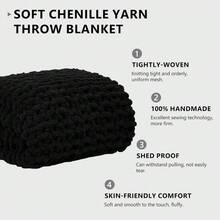 Chunky Knit Blanket - Soft Chenille Yarn Throws 40x50: Handmade Thick Cable Crochet Blanket - Large Chunky Yarn Rope Knot Throw For Couch, Sofa, Bed Home Decor - 黑色 - 查看 2