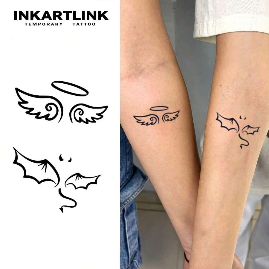 1pc INKARTLINK Angelic Wings Couple Temporary Tattoo | Botanical Formula Semi-Permanent | Realistic 15-Day Lasting | Waterproof 1-2 Weeks | Niche Fake Tattoo | Goth Style Sticker