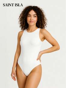 Kit 2 Women's Bodysuit Round Neck Simple Casual Long Sleeve Suplex Swimmer Double Fabric Plain Bory Leotard Casual Cold Winter Tracksuit Blouse SAINT ISLA - Đen + Trắng - Xem 7