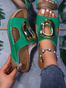 女士夏季休闲坡跟凉鞋，铆钉镂空厚底拖鞋，压花可调节钩环平台，舒适坡跟，露趾设计，纯色时尚拖鞋，黑色、白色、蓝色、紫色、海军蓝、灰色 - 綠色 - 查看 1