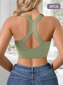 3 pièces Soutien-gorge de sport à fermeture éclair frontale pour femmes, confortable et respirant avec coussinets de poitrine, sous-vêtements de fitness et de yoga