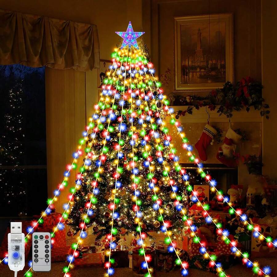 Luz led de cascada estrella luces de cascada de estrellas decoraciones navideñas luces de cadena árbol de Navidad decoraciones árbol de Navidad decoración dormitorio colgante árbol de Navidad perfectas para ambientación temática Halloween - Blanco - Ver 1