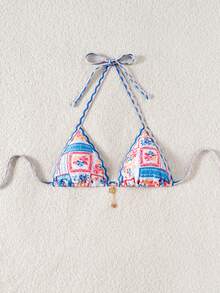 女士蓝色印花性感比基尼上衣