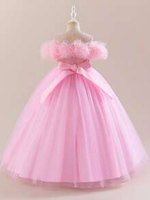 Girls Princess Long Dress Sweet Pink High-End Holiday Party Piano Recital Lace Patchwork Sequin Decor Lovely Tulle Cake Skirt Sleeveless Vest Tulle Net Dress For Dance Birthday Party Performance Maxi Gown - Pink - View 4
