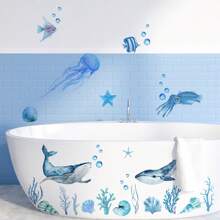 Decoração Simples de Outono Adesivo de Banheira com Animais do Oceano Azul, Adesivo de Parede para Decoração de Banheiro com Golfinho Azul do Mar e Água-Viva, Decalque Autoadesivo de Banheira, Adesivo de Decoração de Parede de Bottom de Banheira, Adesivo de Decoração de Banheiro Doméstico Volta às Aulas