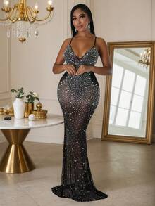 Elegant Chic High Stretch Fabric Long Spaghetti Strap Dress With Rhinestone Details Glamorous Semi-Sheer Mermaid Hem Formal Evening Wear For Women,Prom Dress,Long Party Dresses, Christmas Women's Clothing