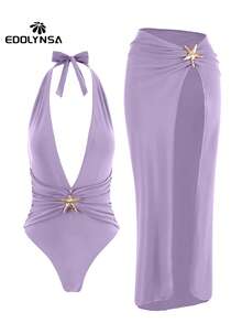 Bộ đồ bơi mùa hè 2 món: Áo tắm in hình sao biển và váy maxi xẻ cao. - Màu tím hoa cà - Xem 3