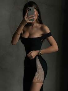 Sexy Spaghetti Strap Off-Shoulder Black Mid-Length Fitted Dress, Crystal Decor Slit Bandage Dress, Elegant For Evening Party, Wedding, Cocktail, Summer Wear Spring - Black - View 7
