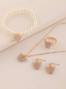 5pcs/Set Girls' Plastic Butterfly Necklace, Pearl Beaded Bracelet, Earrings, Ring Set, Decoration For Daily And Vacation