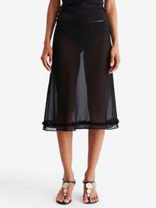 Women Polka Dot Sheer Skirt Mesh See Through Midi Skirts Summer Swimsuit Cover Up See-Through Beach Ruffled Hem Skirt - 黑色 - 查看 3