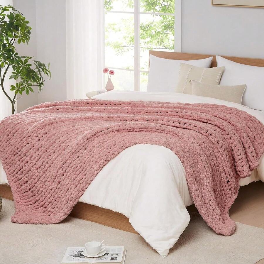 Chunky Knit Blanket - Soft Chenille Yarn Throws 40x50: Handmade Thick Cable Crochet Blanket - Large Chunky Yarn Rope Knot Throw For Couch, Sofa, Bed Home Decor - 玫瑰粉紅 - 查看 1