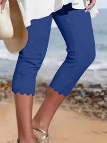 Plus Size Women's Casual Elastic Capri Leggings, Solid Knitted Polyester Fabric With Asymmetric Hemline, Stretchy Waistband, Suitable For Spring/Summer, Year-Round Base Layer Tights - Blue - View 1