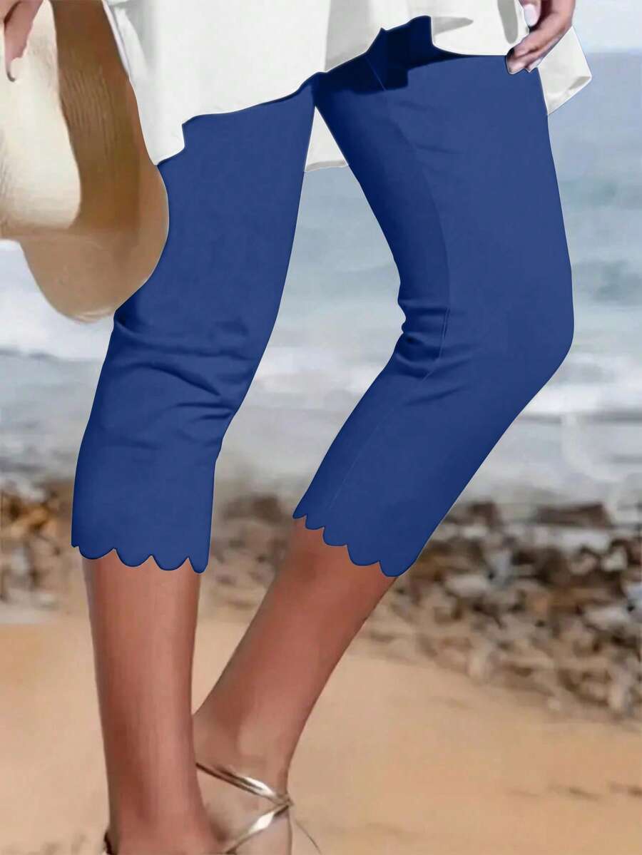 Plus Size Women's Casual Elastic Capri Leggings, Solid Knitted Polyester Fabric With Asymmetric Hemline, Stretchy Waistband, Suitable For Spring/Summer, Year-Round Base Layer Tights - Blue - View 1