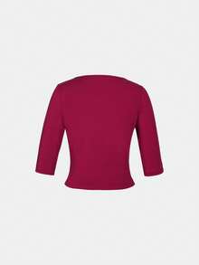 ii Women Solid Color Round Neck Short Sleeve Cropped Casual Top, Daily Wear - Red - View 4