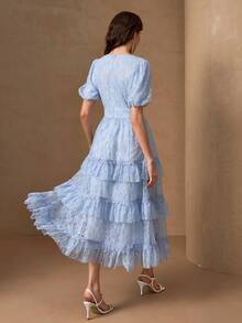 Elegant Lantern Sleeve Layered Ruffle Hem Mermaid Dress With Floral Trim, Romantic A-Line Dress - Baby Blue - View 2