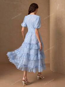 Vestido de sirena con volantes en las mangas de linterna y el bajo, con adorno floral, vestido de línea A romántico