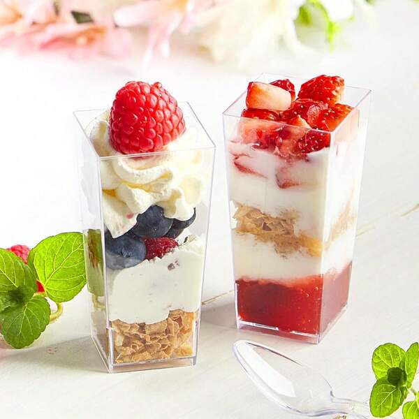 20 piezas Tazas de postre mini de 3 onzas, tazas de servir de plástico cuadradas para postres de fiesta, gelatina, mousse, pudín de frutas