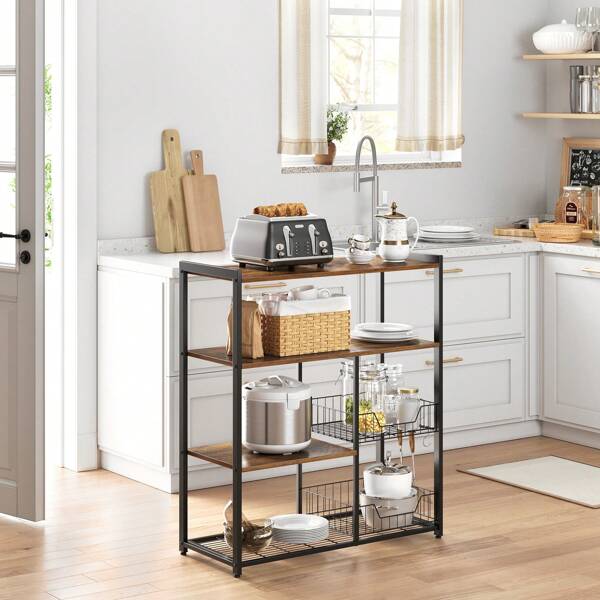 Estantería de Cocina con 2 Cestas de Malla Metálica, Estantería para Microondas, con Estantes y Ganchos, 35 x 80 x 95 cm, Estilo Industrial,Marrón Rústico y Negro Tinta