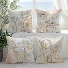 4pcs/Set Bohemian Line Rose Print Throw Pillow Covers, 17.7*17.7in (45*45cm), Single-Sided Printing, Polyester Cushion Covers For Sofa, Bed, Living Room, Bedroom, Car, Office, Hotel Decoration, Great Gift For Family And Friends, All-Season