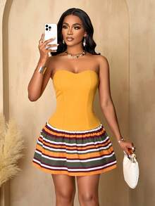 Women's Sexy Casual Tube Top Solid Color Striped Dress, Suitable For Daily Shopping, Commuting And Vacation (Random Pattern) - Yellow Orange - View 5