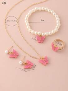 5pcs/Set Girls' Plastic Butterfly Necklace, Pearl Beaded Bracelet, Earrings, Ring Set, Decoration For Daily And Vacation