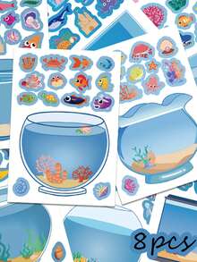 8片梦幻鱼缸拼图贴纸，适用于笔记本电脑、手册、滑板、收纳架、盒子、手机壳等。