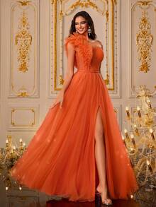 VIPGIRL Đầm dự tiệc sang trọng xẻ đùi cổ bèo nhún bất đối xứng, váy dự tiệc cưới dạ hội thanh lịch, váy dự tiệc tốt nghiệp, váy dự tiệc tối - trái cam - Xem 6