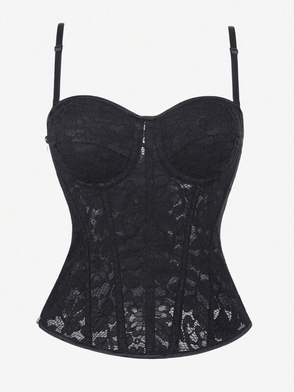 Lace Corset Bodice For Women, Black Lace Mesh Shaping Camisole With Adjustable Spaghetti Straps, Overbust Boned Bustier, Side Zipper