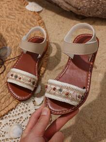 1 Pair Baby/Toddler Girls Beige Flat Sandals, Solid Color PU Strap Strap Hook And Loop Design Open Toe Roman Style Comfortable And Fashion Suitable For 3-12 Years Old Girls Daily, Vacation, Spring/Summer 2025