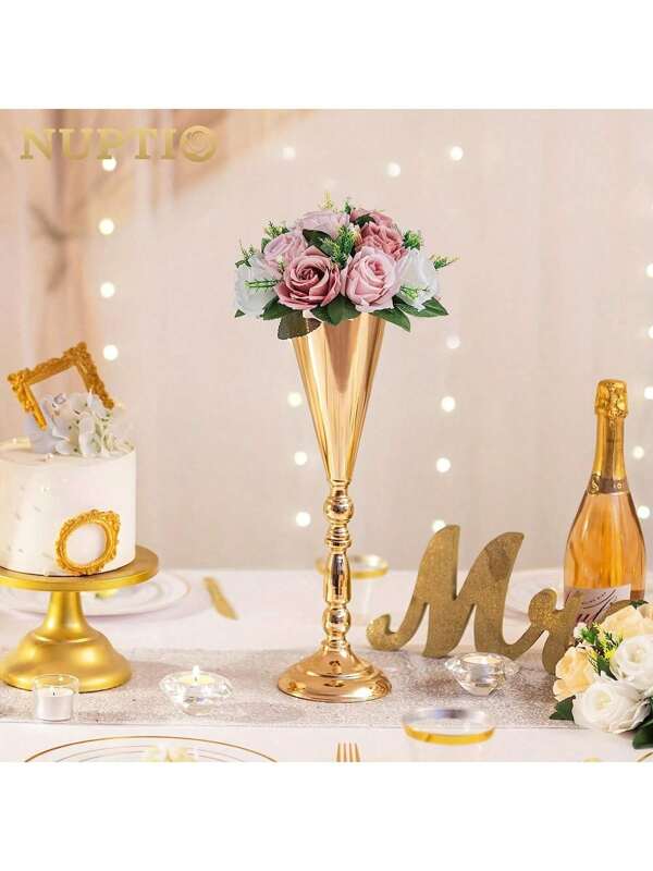 1pc Tabletop Metal Wedding Flower Trumpet Vase, Golden Silvery, Table Decorative Centerpiece, Artificial Flower Arrangements For Anniversary Ceremony Party Birthday Event Aisle Home Decoration