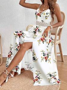 Women's Summer Floral & Leaf Print Bohemian Lace Patchwork Backless High Slit Maxi Slip Dress