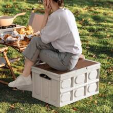 1PC PP Foldable Outdoor Camping Storage Box – Multifunctional Picnic Organizer With Wooden Lid & Carry Handle | Portable Clothes/Garden Gear Trunk | Universal For Car, Patio, Family Outings & Home Use | Beach Essential