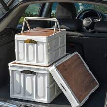 1PC PP Foldable Outdoor Camping Storage Box – Multifunctional Picnic Organizer With Wooden Lid & Carry Handle | Portable Clothes/Garden Gear Trunk | Universal For Car, Patio, Family Outings & Home Use | Beach Essential
