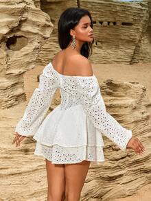 女士激光切割刺绣泡泡袖分层荷叶边长袖连衣裙