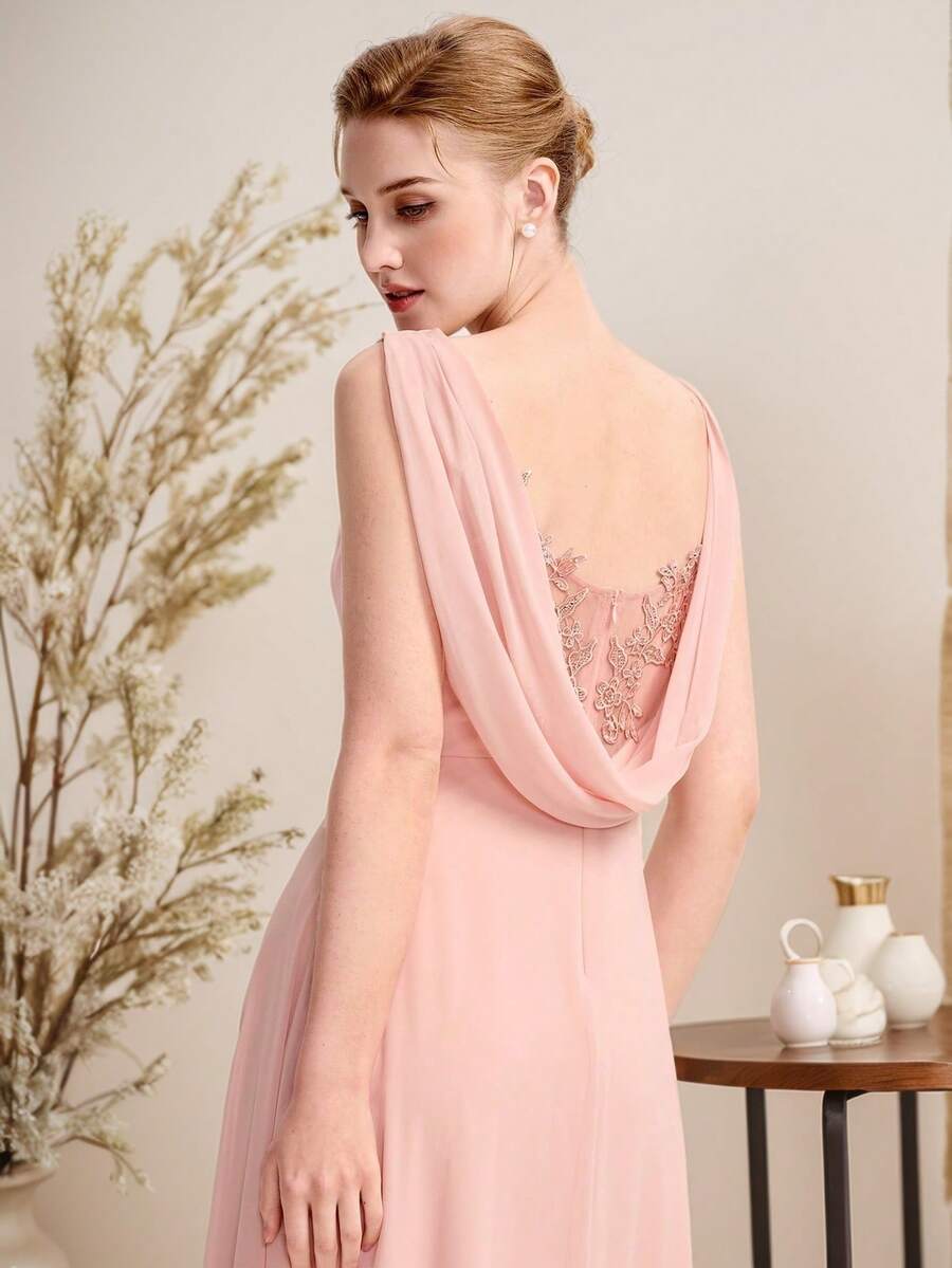EVERPRETTY Elegant Solid Swing Back Neck Design Embroidery Applique Rhinestones Embellished Pleated Chiffon Draped Pink Bridesmaid Dresses Formal Dress Wedding Guest Dress - Baby Pink - View 1