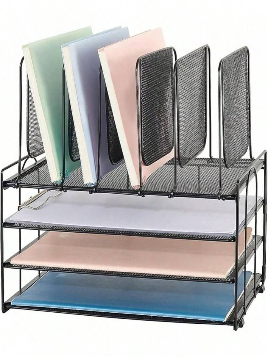 3 Tier Desk File Organizer With 5 Section Vertical File Holder, Metal Paper Tray File Holder Sorter Desk Organizers And Accessories For Office School, Detachable File Organizer For Desk(Black) - Black - View 1